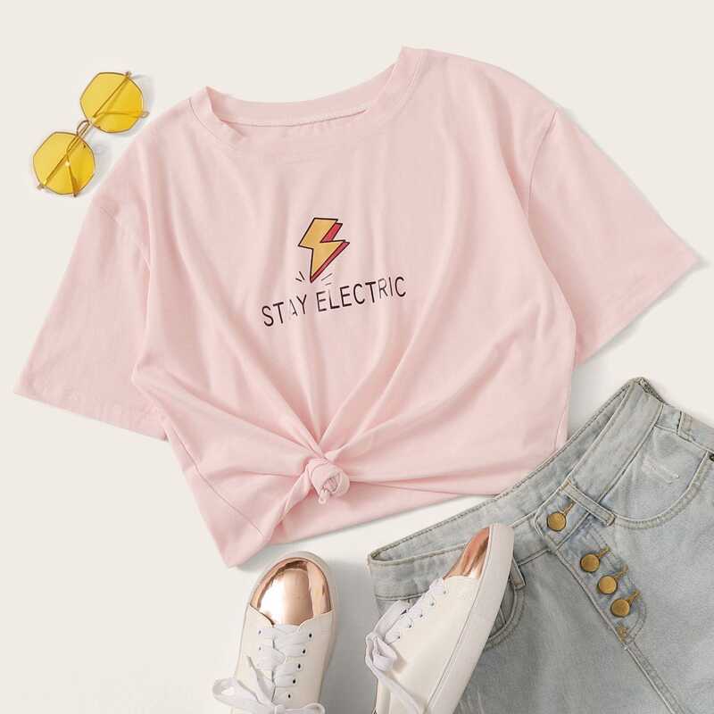 

Letter Graphic Round Neck Tee, Pink