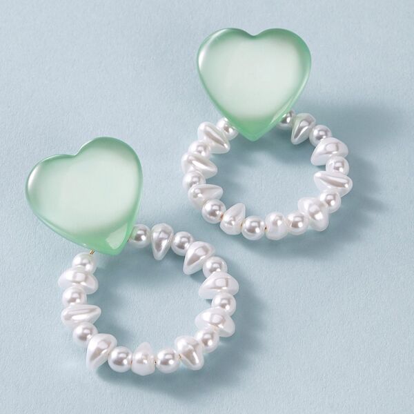 

1pair Heart Shaped Pearl Decor Drop Earrings