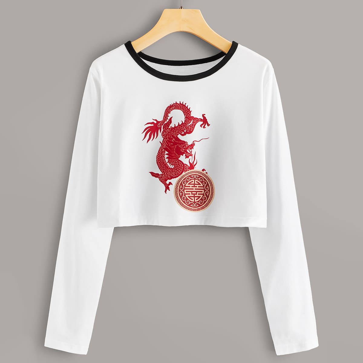 

Dragon Print Contrast Binding Tee, White
