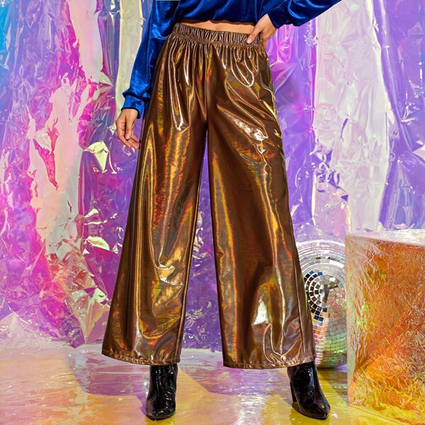 

Metallic Reflective Wide Leg Pants, Gold
