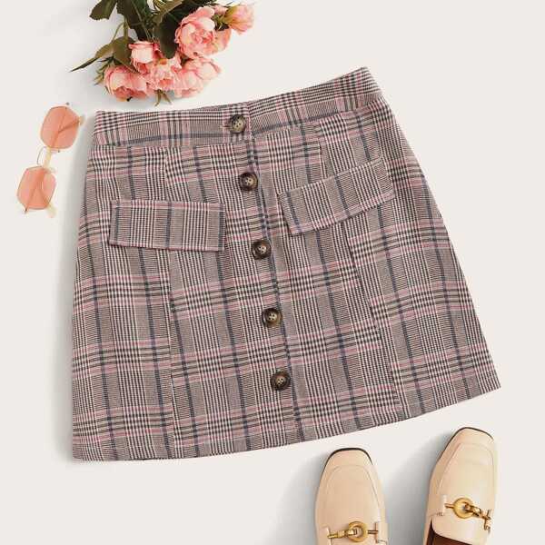 

Button Front Glen Plaid Mini Skirt, Multicolor