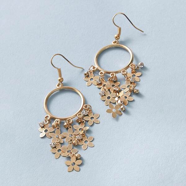 

1pair Rhinestone Decor Flower Drop Earrings, Gold