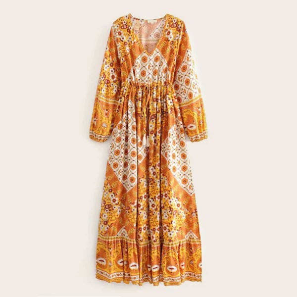 

Floral Print Drawstring Waist A-line Dress, Yellow