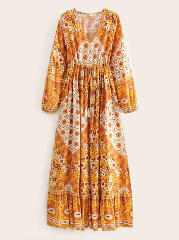 

Floral Print Drawstring Waist A-line Dress, Yellow