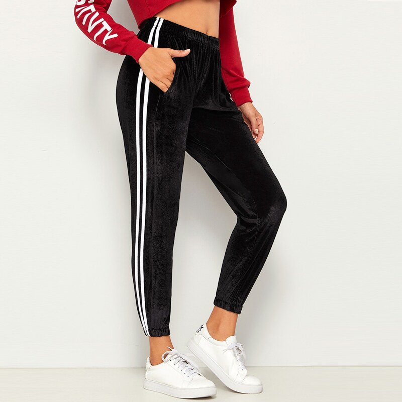 

Elastic Waist Side Stripe Velvet Sweatpants, Black