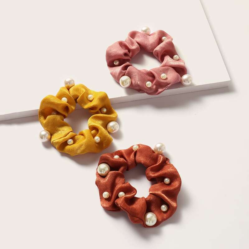 

3pcs Faux Pearl Decor Chiffon Scrunchies, Multicolor