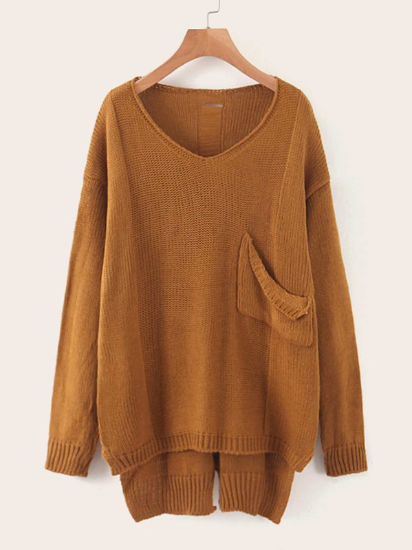 

Pocket Front High Low Jumper, Brown