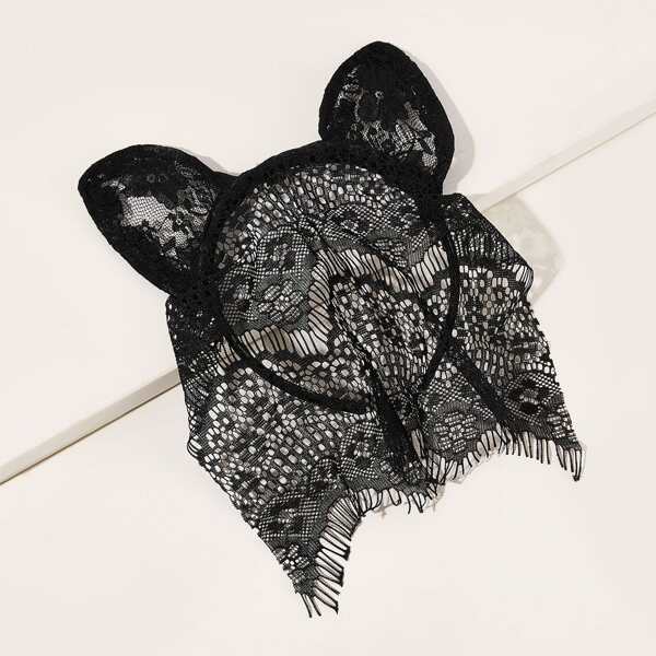 

Ear Design Lace Mesh Headband With Veil, Black