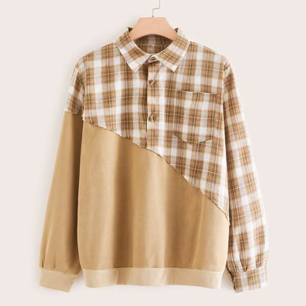 

Plus Half Button Plaid Sweatshirt, Khaki