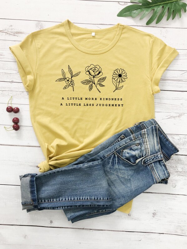 

Slogan And Floral Print Tee, Yellow