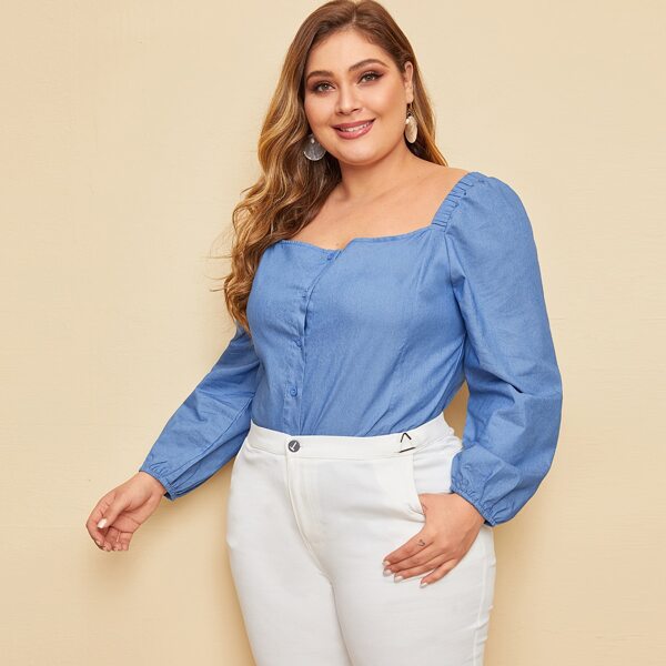 

Plus Square Neck Button Through Denim Top, Blue