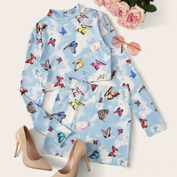 

Mock Neck Butterfly Print Tee & Skirt, Blue