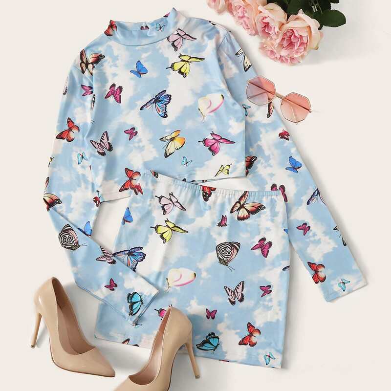 

Mock Neck Butterfly Print Tee & Skirt, Blue