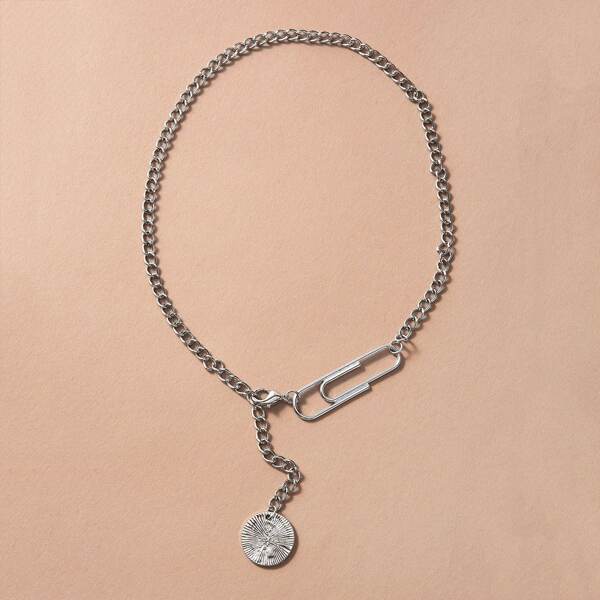 

1pc Coin & Safety Pin Charm Chain Necklace, Silver