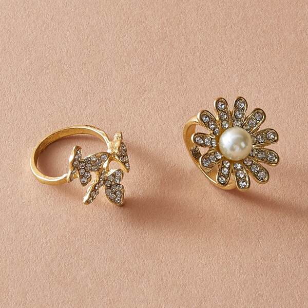 

2pcs Rhinestone Engraved Flower & Butterfly Decor Ring, Gold