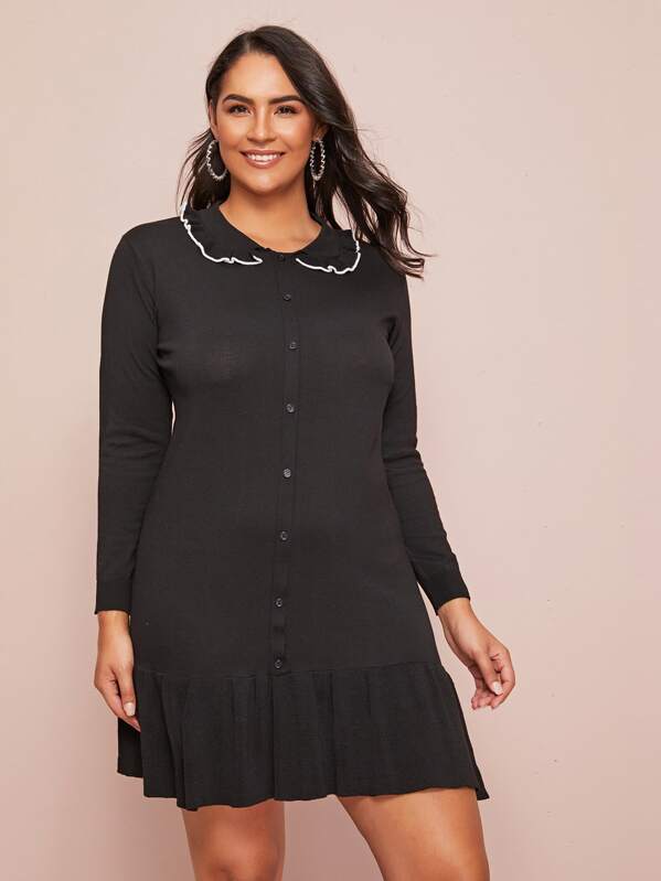

Plus Ruffle Hem Peter Pan Collar Sweater Dress, Black, Ruiz Brianna