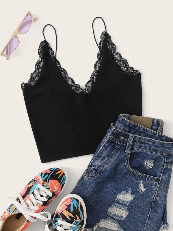 

Plus Guipure Lace Trim Knit Cami Top, Black