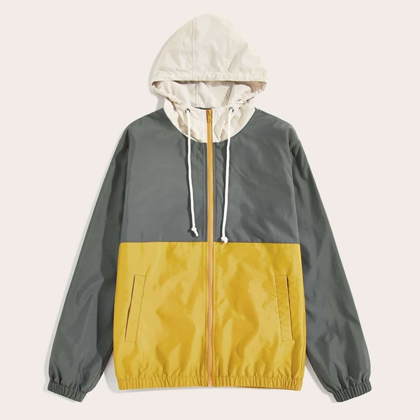 

Men Cut-and-sew Drawstring Hooded Windbreaker Jacket, Multicolor