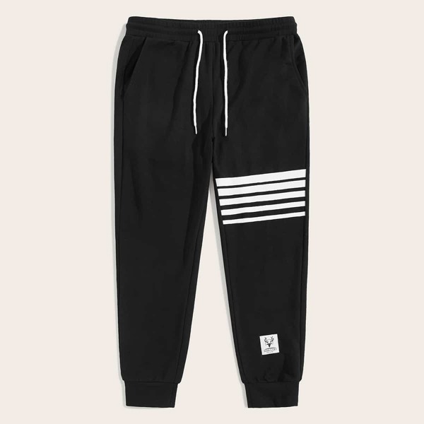 

Men Drawstring Waist Patched Striped Tape Sweatpants, Black