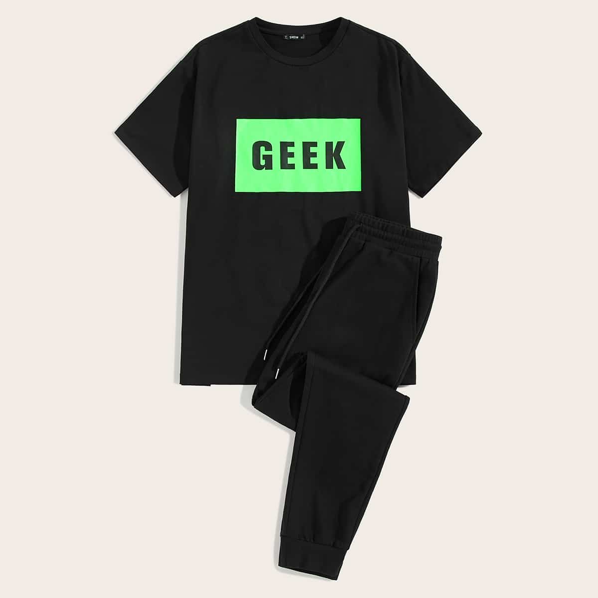 

Guys Letter Graphic Neon Panel Tee and Sweatpants Set, Black