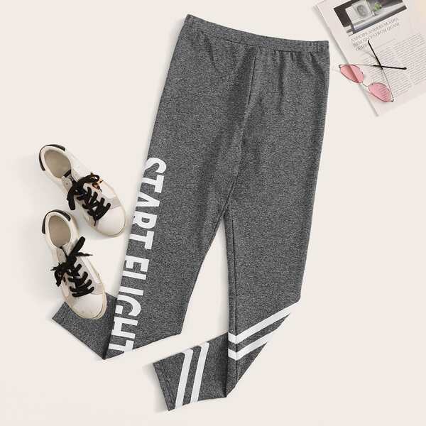 

Striped and Slogan Graphic Leggings, Grey