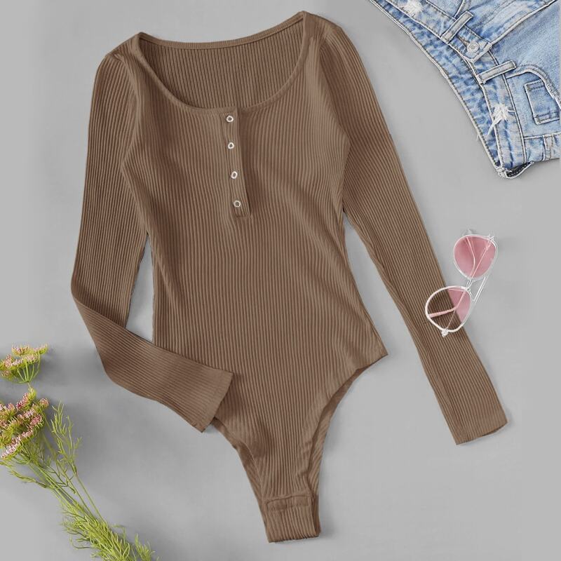

Solid Scoop Neck Ribbed Bodysuit, Brown