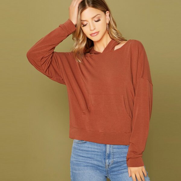 

Neckline Cut Out Long Sleeve Hoodie, Red