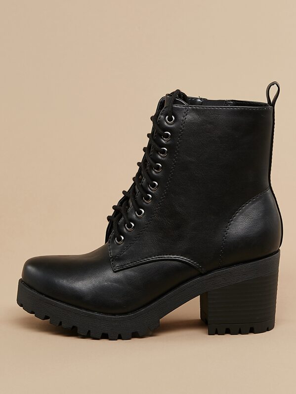 

Lace Up Platform Lug Sole Block Heel Combat Boots, Black