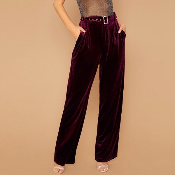 

Belted Waist Wide Leg Velvet Pants