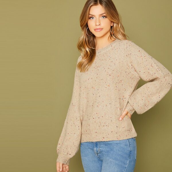 

Raglan Sleeve Speckled Knit Pullover Sweater, Apricot
