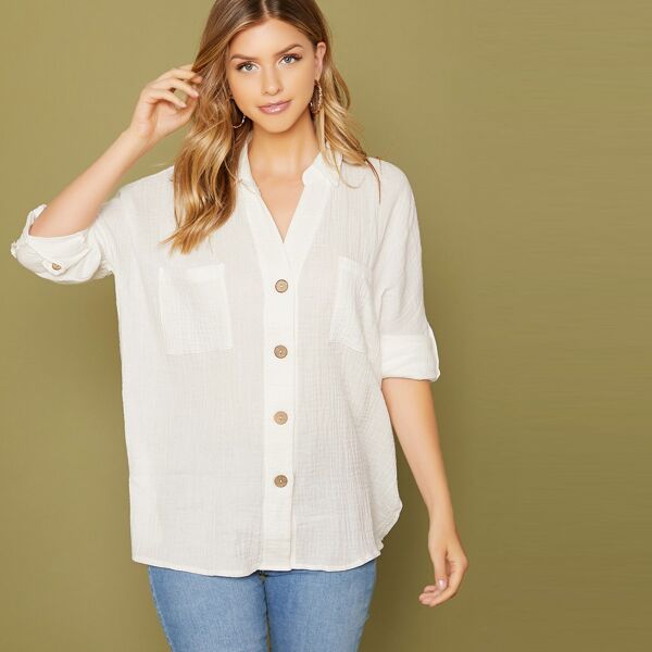 

Button Front Double Pockets Gauze Shirt