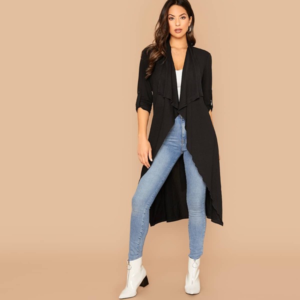 

Draped Collar Roll Tab Sleeve Self Belted Coat, Black