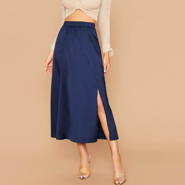 

Elastic Waist Split Front Satin Skirt, Navy