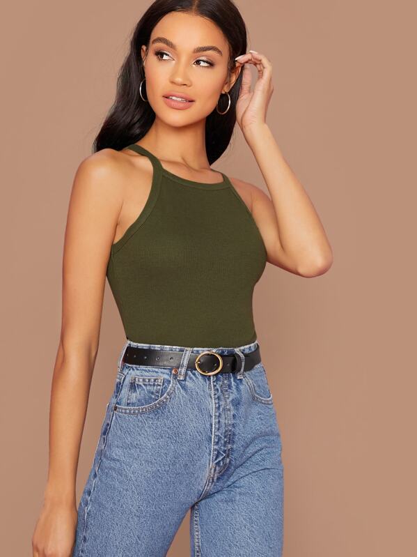 

Form Fitted Rib-knit Halter Top, Army green, Juliette