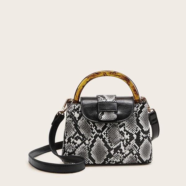 

Snakeskin Print Satchel Bag With Tortoiseshell Handle