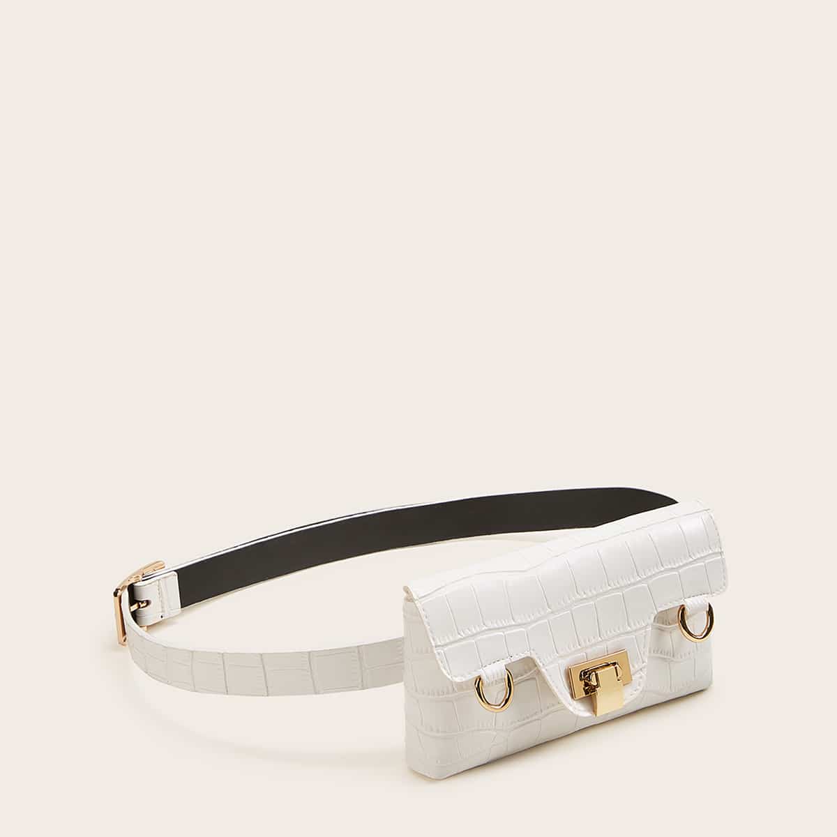 

Metal Lock Croc Embossed Fanny Pack, White