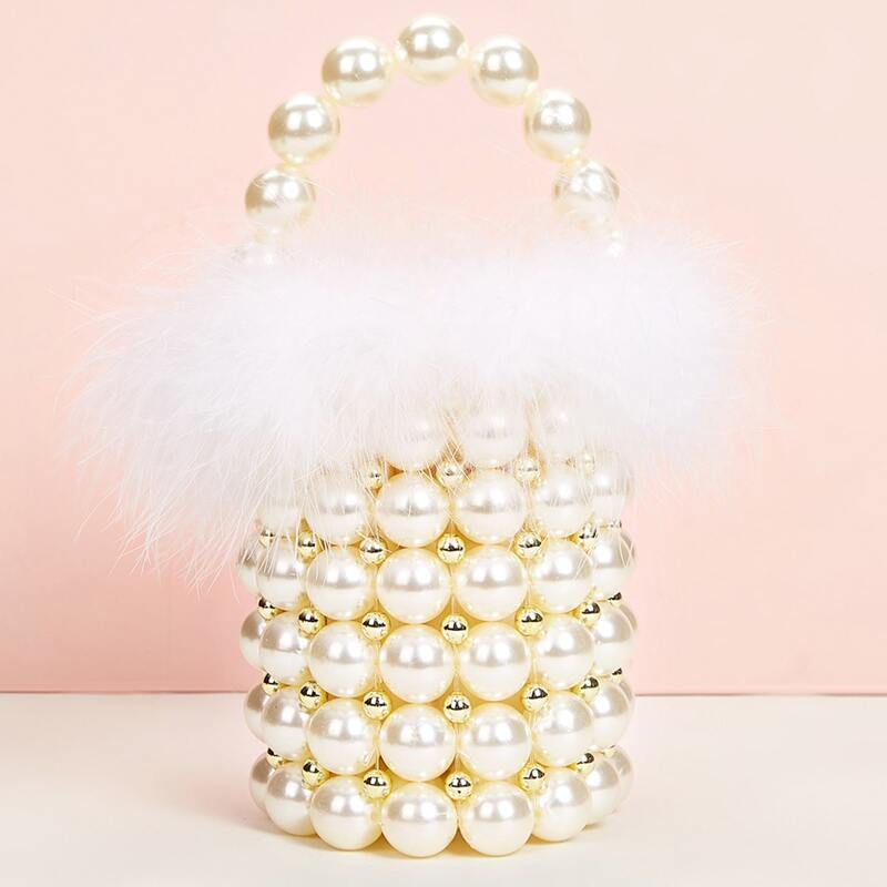 

Faux Pearl Beaded Satchel Bag, White