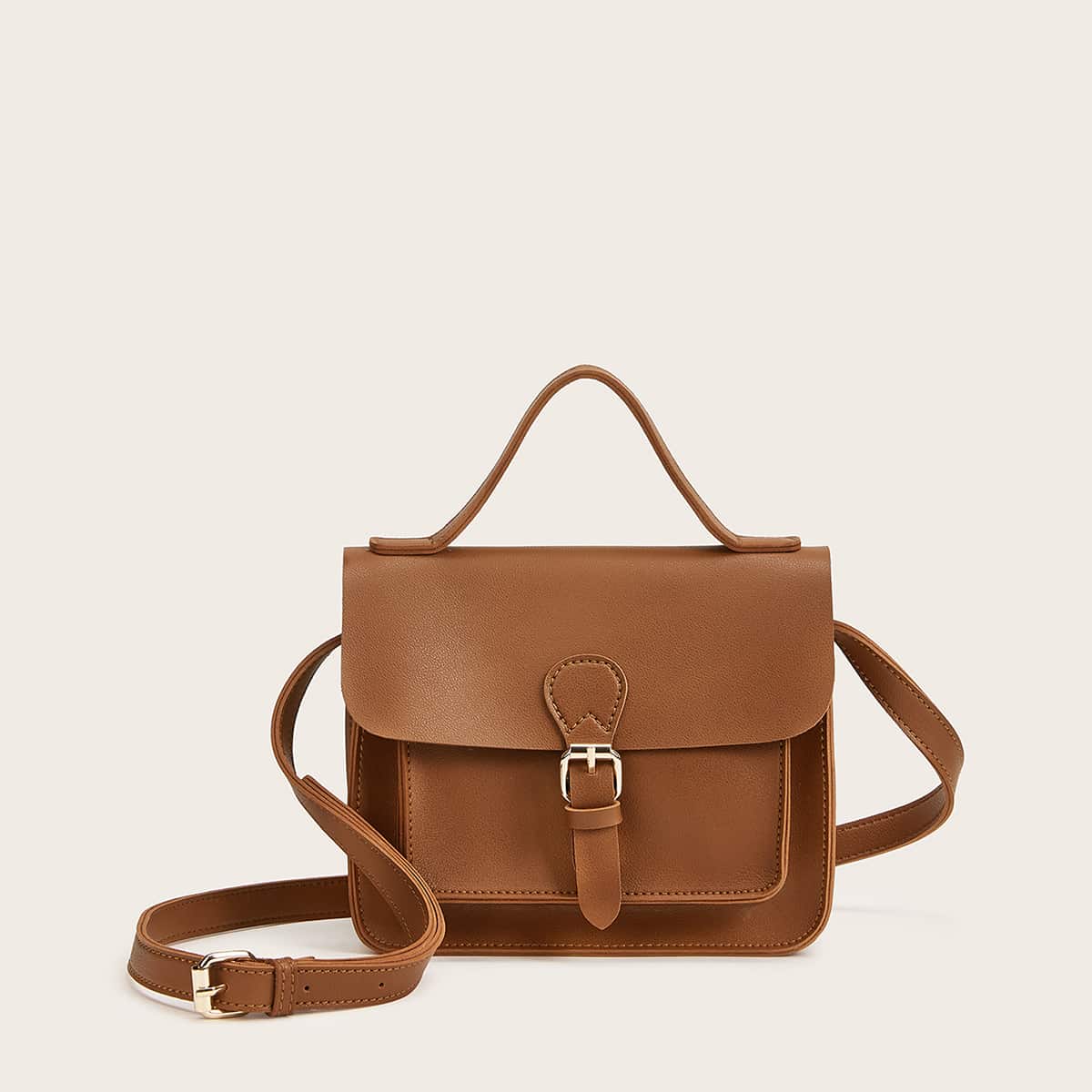 

Buckle Decor Structured Satchel Bag, Brown