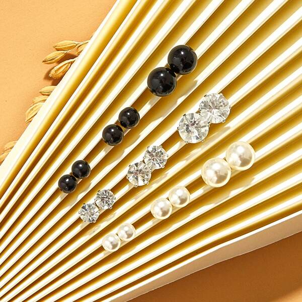 

9pcs Rhinestone & Pearl Decor Stud Earrings, Multicolor