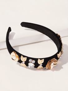 Faux Pearl Decor Flower Decor Headband - Black - View 2