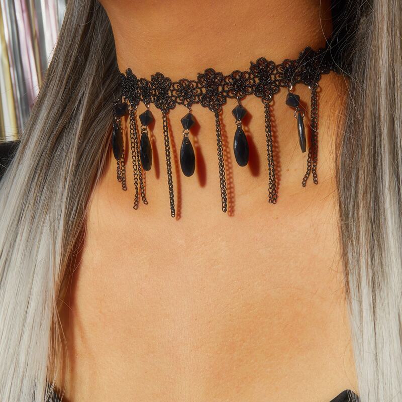 

1pc Halloween Tassel Charm Crochet Choker, Black