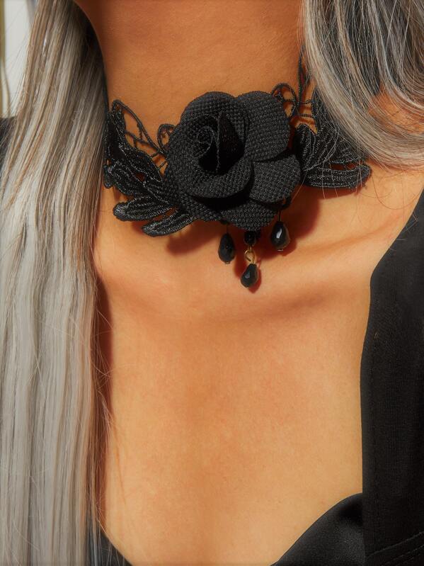 

1pc Flower Decor Braided Choker, Black
