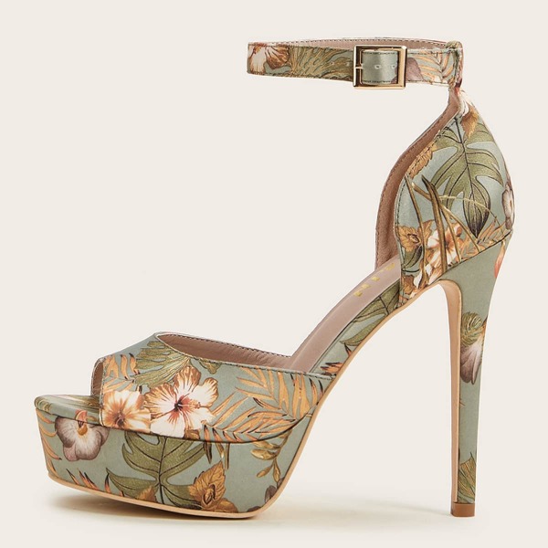 

Floral Print Platform Ankle Strap Stiletto Heels, Green