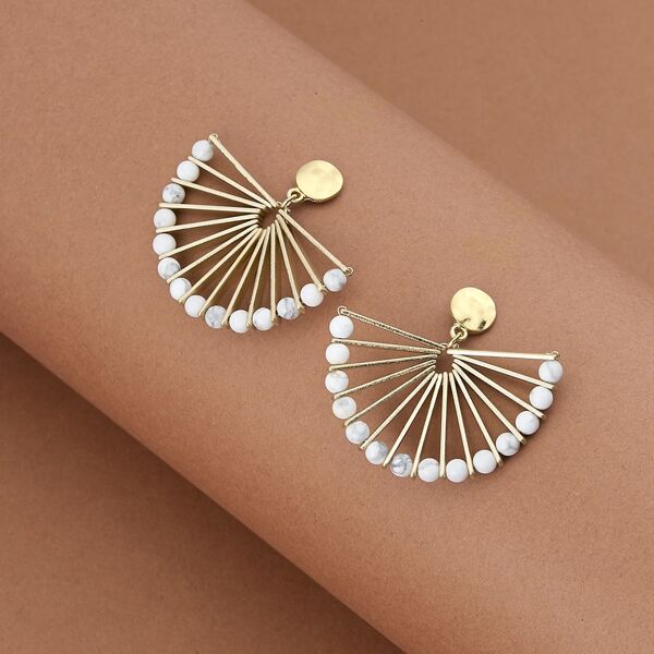 

1pair Fan Earrings With Bead Accents, Gold