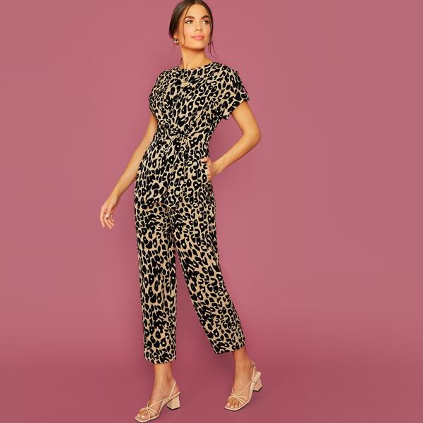 

Tie Front Slant Pocket Leopard Jumpsuit, Multicolor