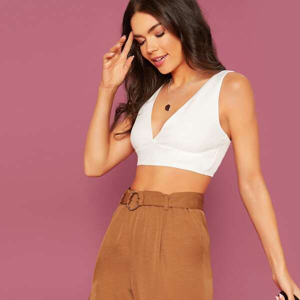 

Plunging Neck Crop Tank Top, White