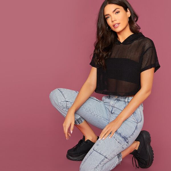 

Solid Fishnet Mesh Hooded Crop Top Without Bandeau, Black