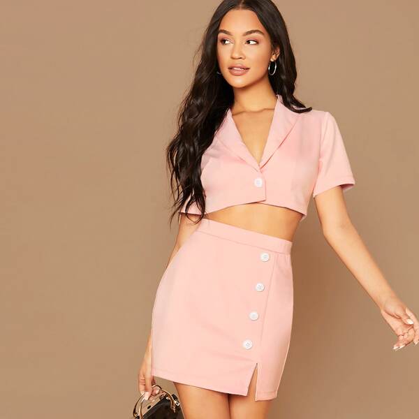 

Shawl Collar Single Button Crop Blazer & Skirt Set, Pink pastel