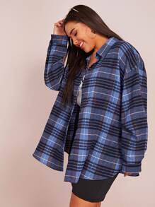 Calvaya Plus Plaid Print Curved Hem Overshirt - Blue - View 6