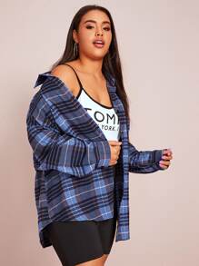 Calvaya Plus Plaid Print Curved Hem Overshirt - Blue - View 7
